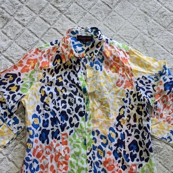 Elegantissimo Firenze Rainbow Multicolor Leopard Cheetah Print Linen Blouse 14 - Picture 3 of 4
